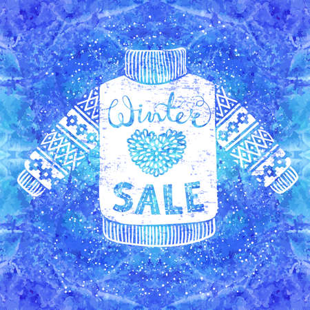 Winter Special banner or label with knitted woolen sweater on watercolor background. Business seasonal shopping concept sale. Isolated vector illustration.のイラスト素材
