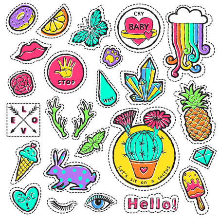 Fashion patch badge elements in cartoon 80s-90s comic style. Set modern trend doodle pop art sketch. Vector clip art illustration isolated.のイラスト素材