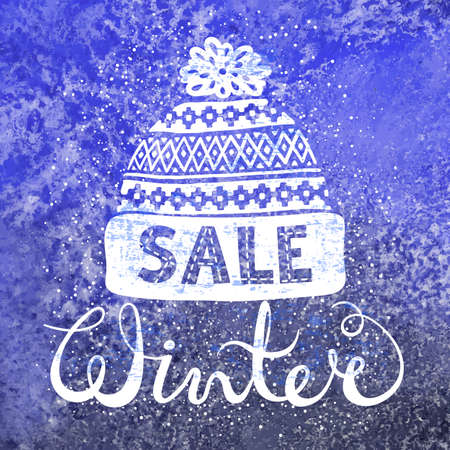 Winter Special banner or label with a knitted woolen cap on watercolor background. Business seasonal shopping concept sale. Isolated vector illustration.のイラスト素材