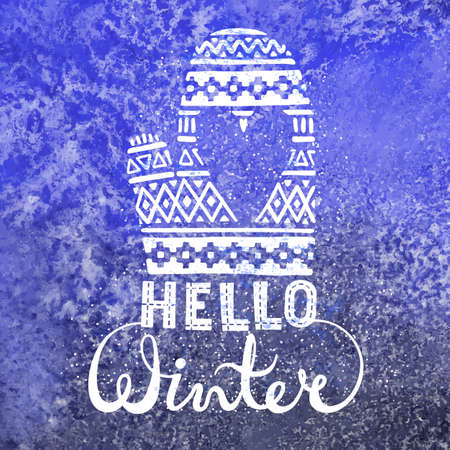 Hello winter text brush lettering and knitted woolen mitten with heart on watercolor background. Seasonal shopping concept design for the banner or label. Isolated vector illustration.のイラスト素材