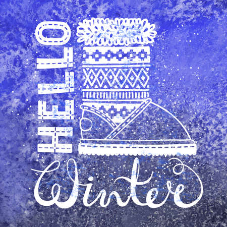 Hello winter lettering text Brush and boots on watercolor background. Seasonal shopping concept design for the banner or label. Isolated vector illustration.のイラスト素材