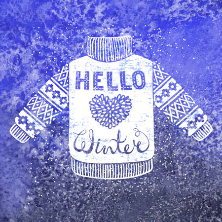 Hello winter text and knitted wool pullover with a heart. Seasonal shopping concept design for the banner or label. Isolated vector illustration.のイラスト素材