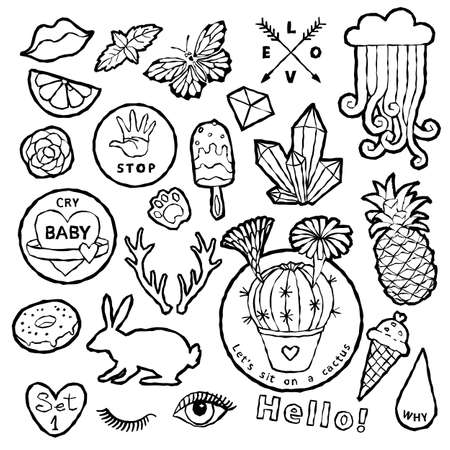Black and white fashion patch badge elements in cartoon 80s-90s comic style. Set modern trend doodle sketch. Vector clip art illustration isolated.のイラスト素材