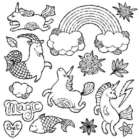 Black and white fashion patch badge elements in cartoon 80s-90s comic style. Set modern trend doodle sketch with rainbow unicorns. Vector clip art illustration isolated.のイラスト素材
