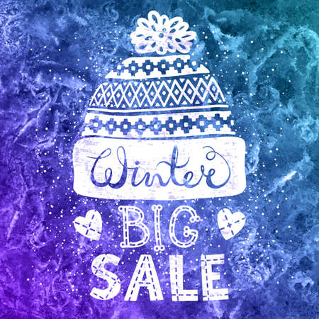 Winter Special banner or label with a knitted woolen cap on watercolor background. Business seasonal shopping concept big sale. Isolated vector illustration.のイラスト素材