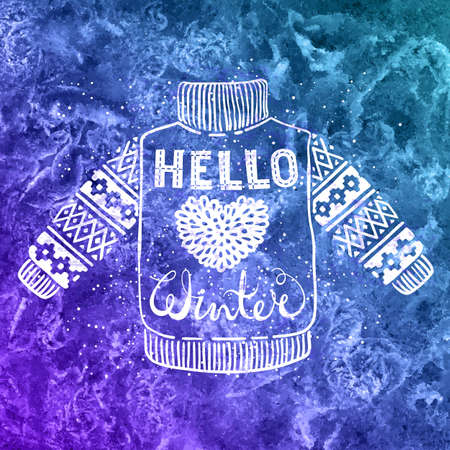 Hello winter text and knitted wool sweater with a heart on watercolor background. Seasonal shopping concept design for the banner or label. Isolated vector illustration.のイラスト素材