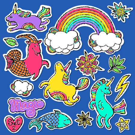 Fashion patch badge elements in cartoon 80s-90s comic style. Set modern trend doodle pop art sketch with rainbow unicorns. Vector clip art illustration isolated.のイラスト素材