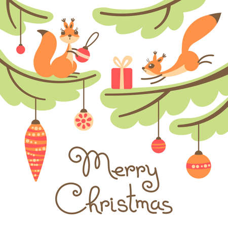 Merry Christmas. Cute little squirrels with gift on trees.のイラスト素材