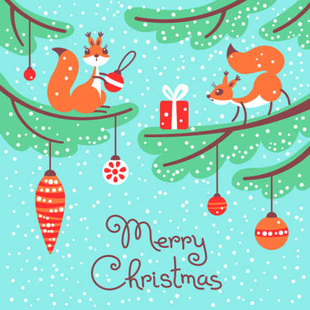 Merry Christmas. Cute little squirrels with gift on trees.のイラスト素材