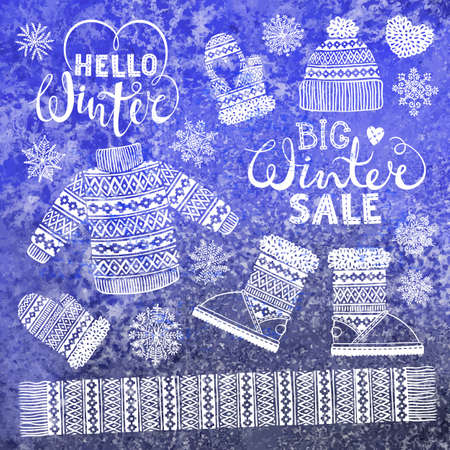 Set drawings knitted woolen clothing and footwear. Sweater, hat, mitten, boot, scarf, lettering. Winter sale shopping concept to design banners, price or label.のイラスト素材