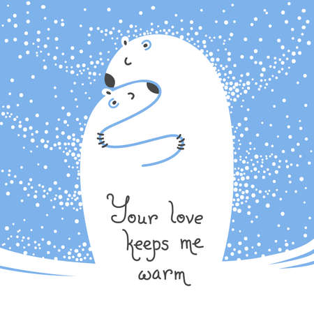 Two polar bears hugging each other. Greeting card with the inscription Your love keeps me warm.のイラスト素材