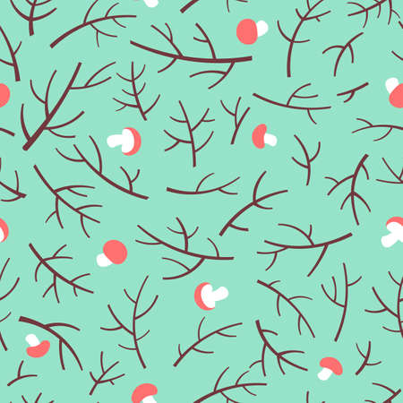 Seamless pattern with tree branch and mushrooms over green background.のイラスト素材