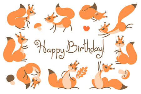 Happy Birthday card with cute squirrels in a cartoon style.のイラスト素材