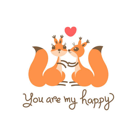 Card with a couple squirrels, kiss, heart and declaration of love. You are my happy. Vector illustrationのイラスト素材