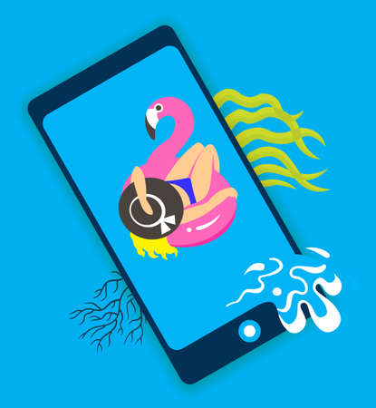 Concept of travel, girl on an inflatable pink flamingo in summer of swims and rests, online ordering holiday vouchers. Vector illustration.のイラスト素材