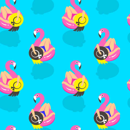 Seamless pattern with girls on an inflatable pink flamingo in summer of swims and rests. Vector...