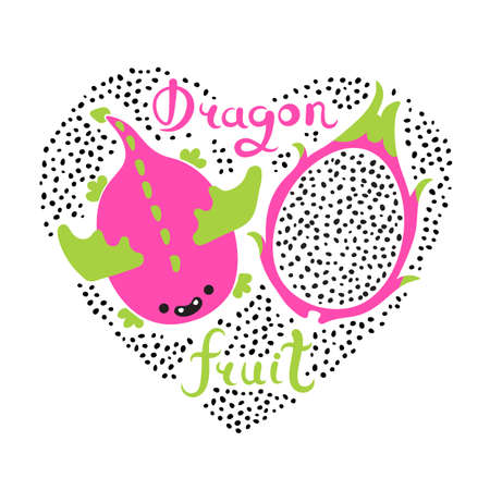 Print with heart and dragon fruit. Vegan food. Summer cute vector illustrationのイラスト素材