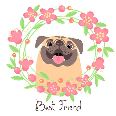 Happy pug. Best friend - dog and wreath of flowers in the style of cartoon. Vector illustration.のイラスト素材