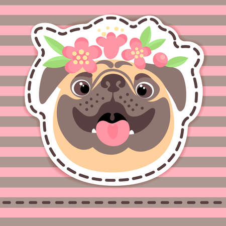 Fashion patch badges happy pug in flower crown on striped background. Vector illustration.のイラスト素材