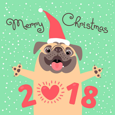 Merry Christmas 2018 card with dog. Funny pug congratulates on the holiday. Colored postcard in the cartoon style.のイラスト素材