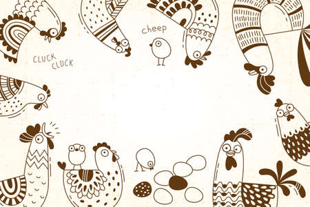 Cover for packaging of products, advertising banner, card with funny chickens, hens, roosters, eggs.のイラスト素材