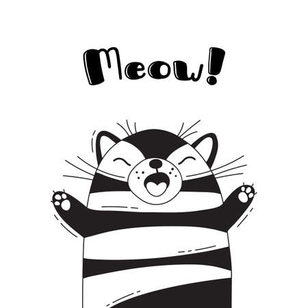 Illustration with joyful cat who shouts - Meow. For design of funny avatars, welcome posters and cards. Cute animal.のイラスト素材