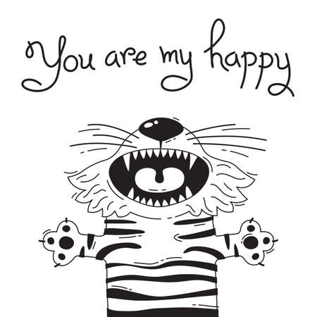 Illustration with joyful tiger who says - You are my happy. For design of funny avatars, posters and cards. Cute animal.のイラスト素材