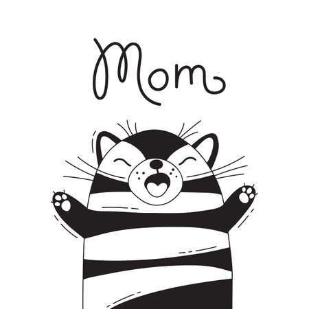 Illustration with joyful cat who shouts - Mom. For design of funny avatars, posters and cards. Cute animal. Cute animal in vector.のイラスト素材