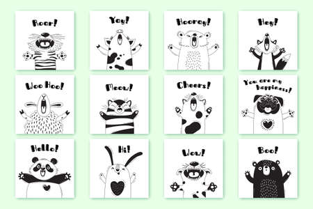 Cards with funny animals and exclamations. Tiger Pig Bear Fox Sheep Cat Pug Panda Rabbit for the design of childrens parties, rooms, stickers, posters, t-shirts. Vector illustrationのイラスト素材