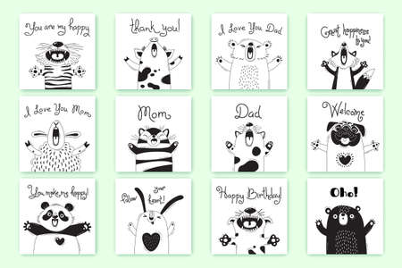 Cards with funny animals and exclamations. Tiger Pig Bear Fox Sheep Cat Pug Panda Rabbit for the design of childrens parties, rooms, stickers, posters, t-shirtsのイラスト素材