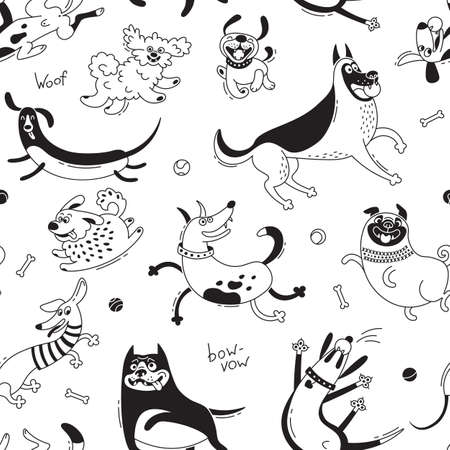 Playing dogs seamless pattern. Funny lap-dog, happy pug, mongrels and other breeds. Vector background for designのイラスト素材