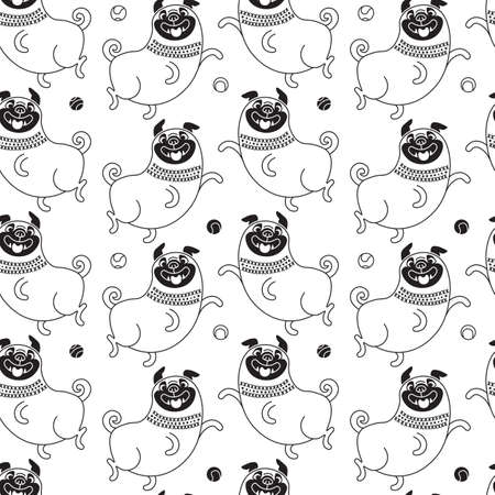 Funny pugs seamless pattern. Vector background with a joyful dog for design.のイラスト素材