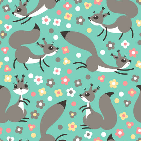 Little cute squirrels on flowers meadow. Seamless spring or summer pattern for gift wrapping, wallpaper, childrens room, clothing. Vector illustrationのイラスト素材