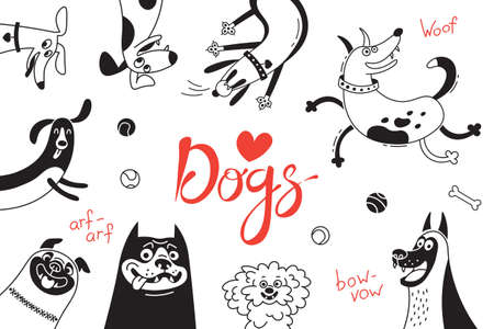 Card with joyful dogs and happy puppies.のイラスト素材