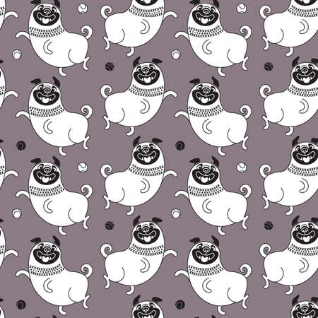 Funny pugs seamless pattern. Vector background with a joyful dog for designのイラスト素材