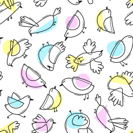 Seamless pattern with abstract cute birds. Simple line design. Gentle colors. Vector background.のイラスト素材