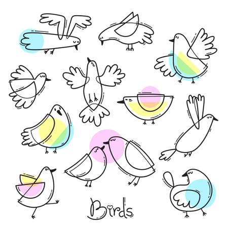 Set variety of abstract birds. Simple line design. Vector illustration.のイラスト素材