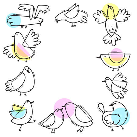 Card with abstract birds. A frame of gulls. Simple line design. Vector illustration.のイラスト素材