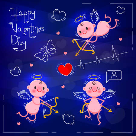Set Wedding and Valentines Day design elements. Little cute cupids on dark neon background.のイラスト素材