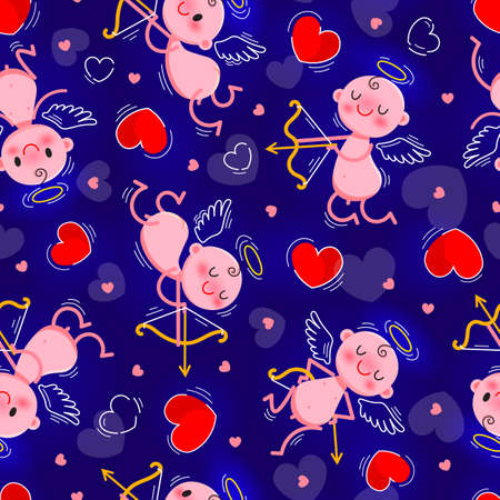 Valentines Day day seamless texture with lovely cupids and hearts.のイラスト素材
