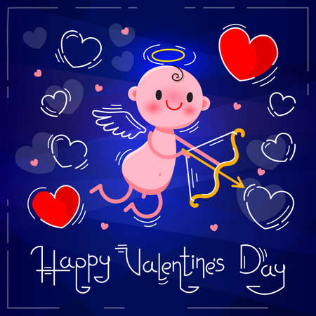 Valentines Day card with cute cupid and hearts on a dark blue neon background. Vector illustration.のイラスト素材