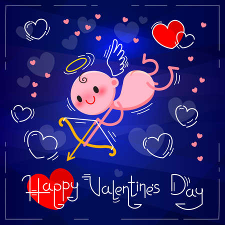 Valentines Day card with cute cupid and hearts on a dark blue neon background. Vector illustration.のイラスト素材