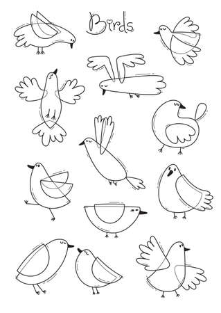 Set variety of abstract birds. Simple line design. Coloring book page. Vector illustration.のイラスト素材