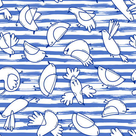 Seamless pattern with abstract birds on striped background. Simple line design. Funny seagulls in the marine style. Vector illustrationのイラスト素材
