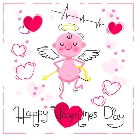 Valentines Day card with cute cupid and hearts on a white background.のイラスト素材