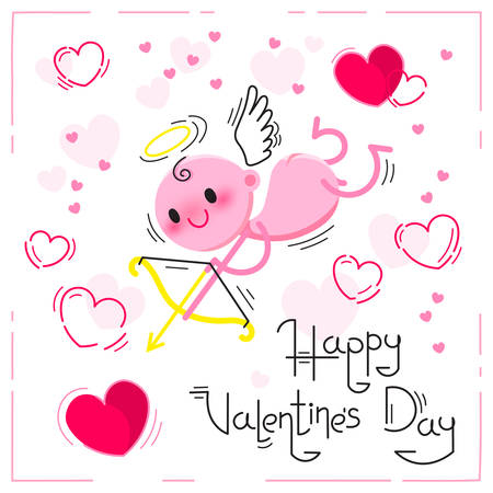 Valentines Day card with cute cupid and hearts on a white background Vector illustration.のイラスト素材