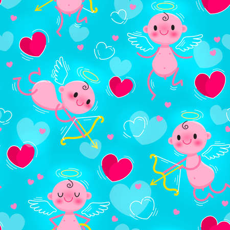 Wedding and Valentine's day seamless texture with lovely cupids and hearts vector illustration.のイラスト素材