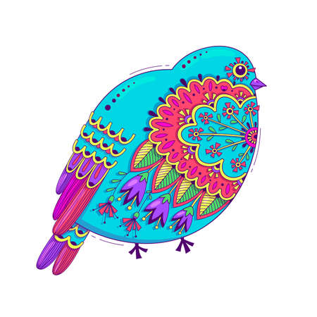 Bird with oriental patterns and flowers. Bright happy design element. Vector illustration.のイラスト素材