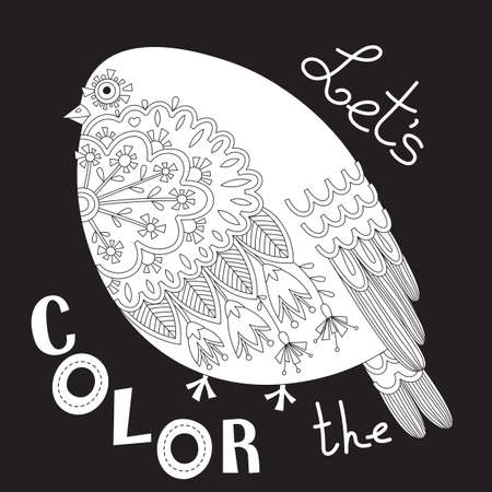 Bird with patterns and flowers. Coloring book page. Vector illustration.のイラスト素材