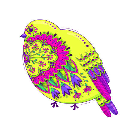 Bird with oriental patterns and flowers. Bright happy design element. Vector illustration.のイラスト素材